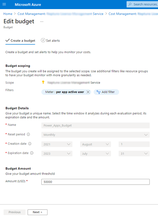 Azure Cost Management Edit Budget